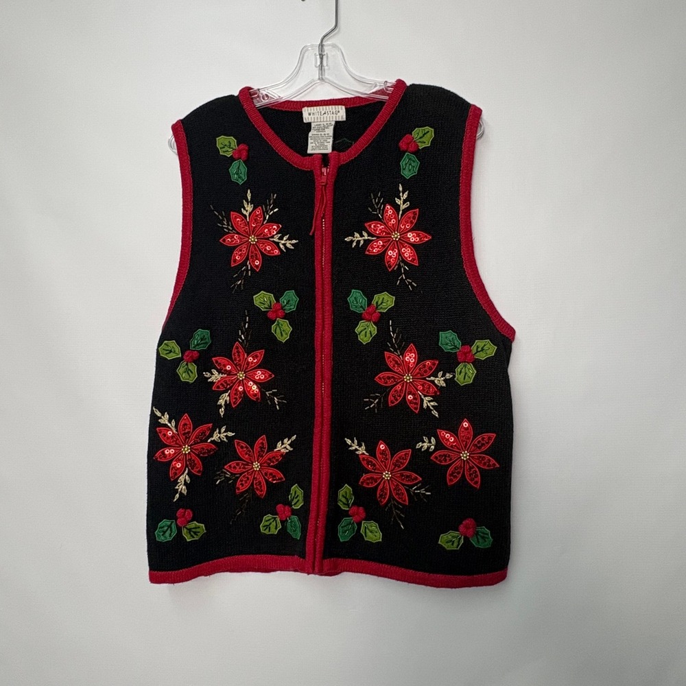 White Stag Womens XL Christmas Sweater Vest Black Red Poinsettia Sequin Zip Up